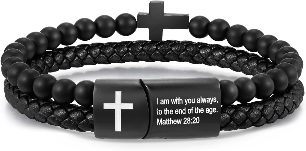 Men'S Cross Bracelet for Men - Bible Verse Bead Rosary Braided Black Genuine Leather Bracelets, Bangle Engraved Love You Forever, Christian Catholic Religious Jewelry Christmas Gifts Ideas for Man