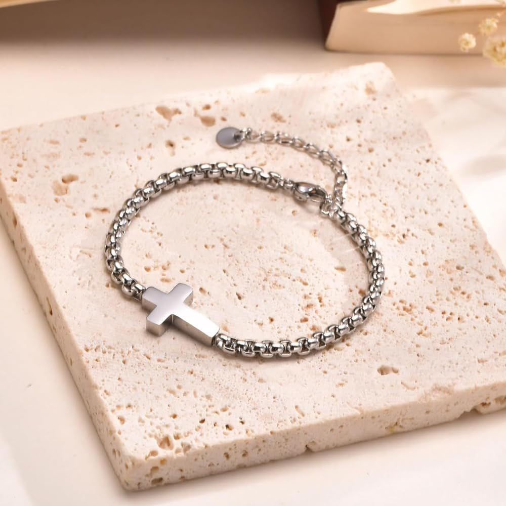 ✝ Cross Bracelet for Men Women Silver Stainless Steel Chain Adjustable Christian Religious Jewelry Gift