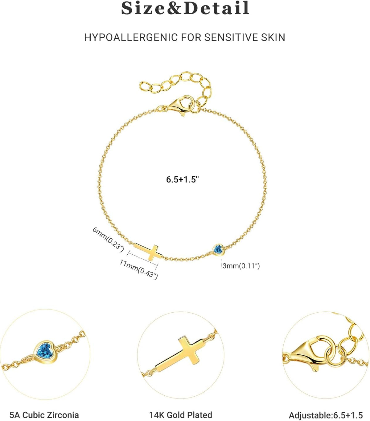 Women's 14K Gold Plated Cross Birthstone Bracelet Aquamarine Christian Jewelry Gift for Mom Wife Grandma