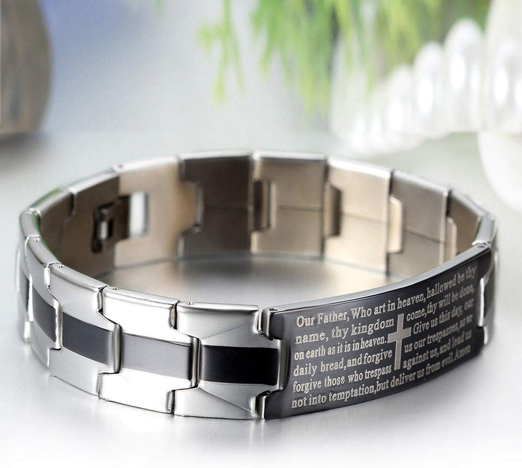 ✝ Men's Lord's Prayer Cross Bracelet, Stainless Steel Christian Bible Faith Jewelry Gift