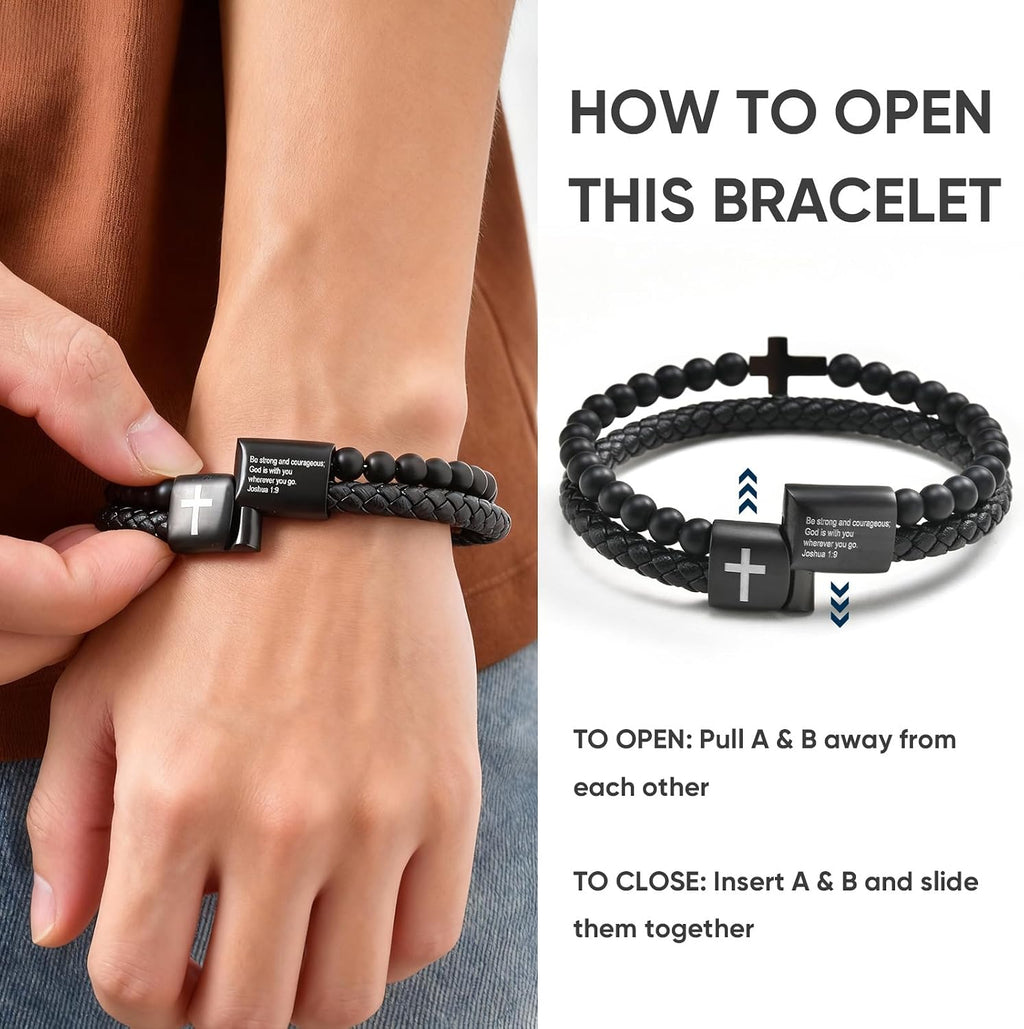 Men'S Cross Bracelet for Men - Bible Verse Bead Rosary Braided Black Genuine Leather Bracelets, Bangle Engraved Love You Forever, Christian Catholic Religious Jewelry Christmas Gifts Ideas for Man