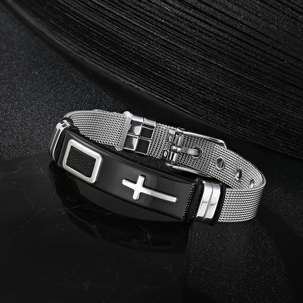 ✝ Men's Holy Cross Bracelet Stainless Steel Black Silver Adjustable Vintage Christian Religious Jewelry Gift