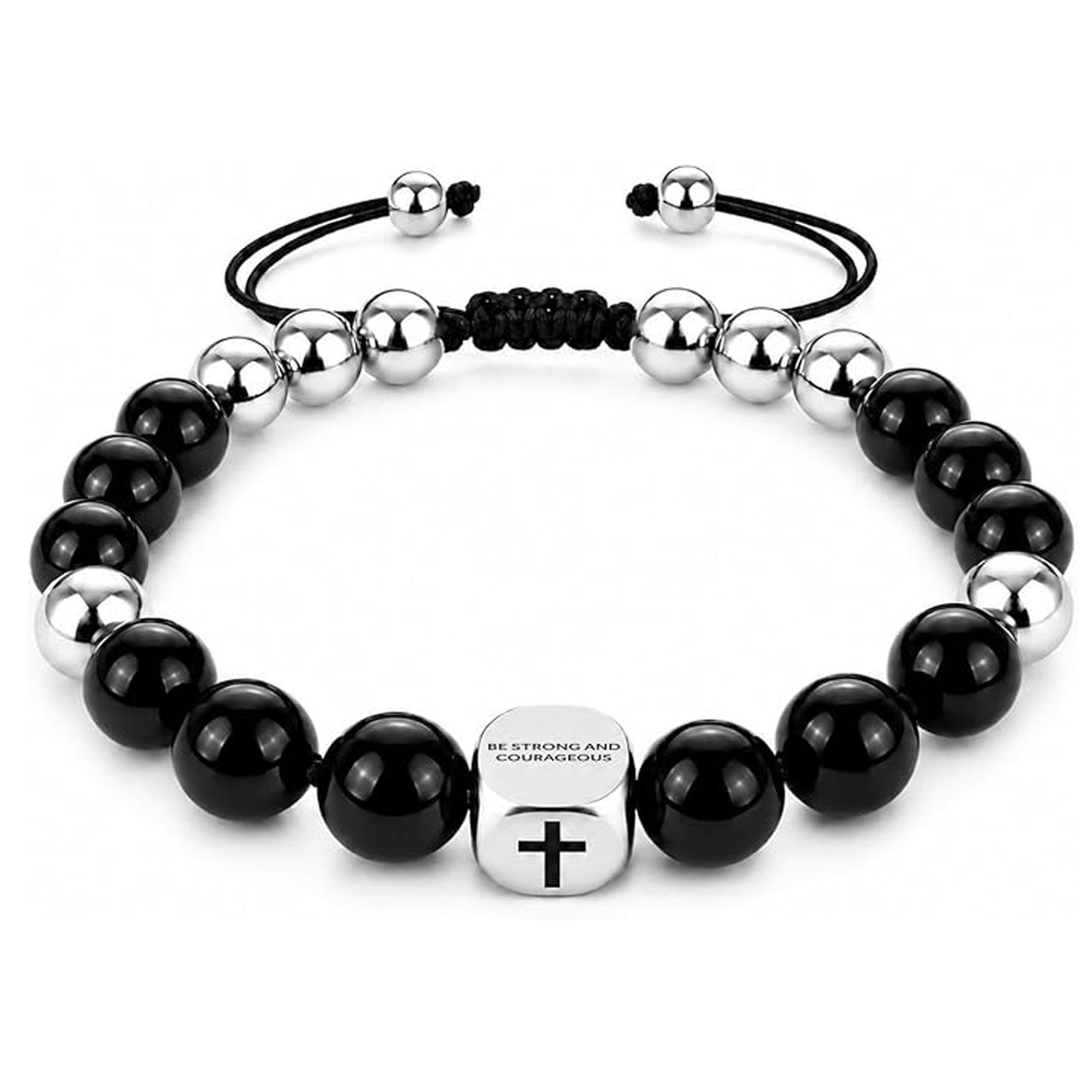 ✝ Men's Black Onyx Cross Bracelet Joshua 1:9 Christian Bible Verse Faith Jewelry Gift