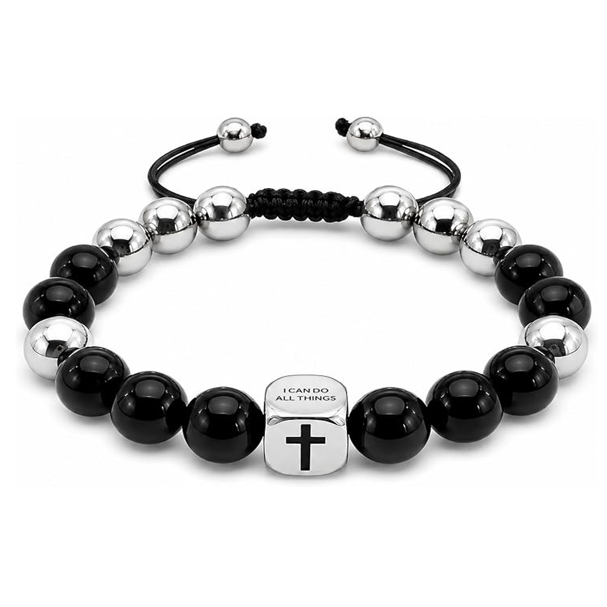✝ Men's Black Onyx Cross Bracelet Joshua 1:9 Christian Bible Verse Faith Jewelry Gift