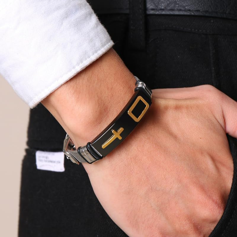 ✝ Men's Holy Cross Bracelet Stainless Steel Black Silver Adjustable Vintage Christian Religious Jewelry Gift