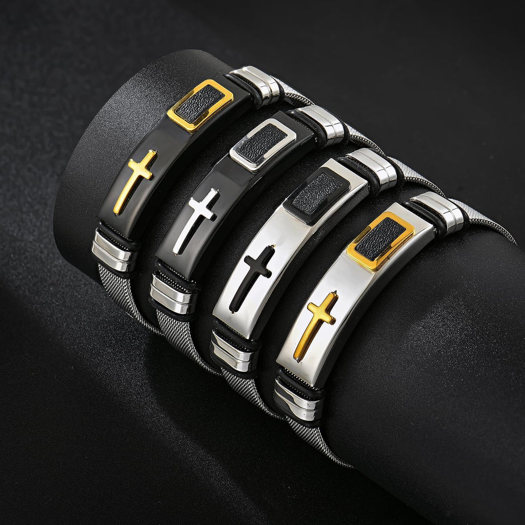 ✝ Men's Holy Cross Bracelet Stainless Steel Black Silver Adjustable Vintage Christian Religious Jewelry Gift