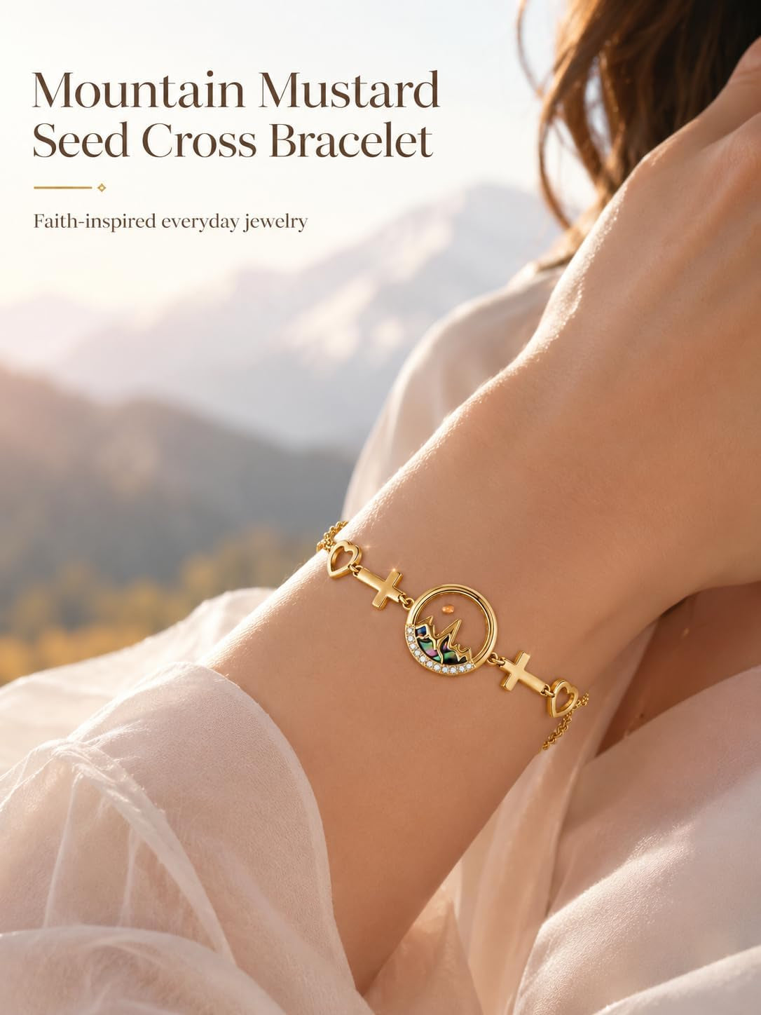 ✝ Women's 14K Gold Mustard Seed Cross Bracelet Adjustable Faith Jewelry Inspirational Gift for Baptism Confirmation