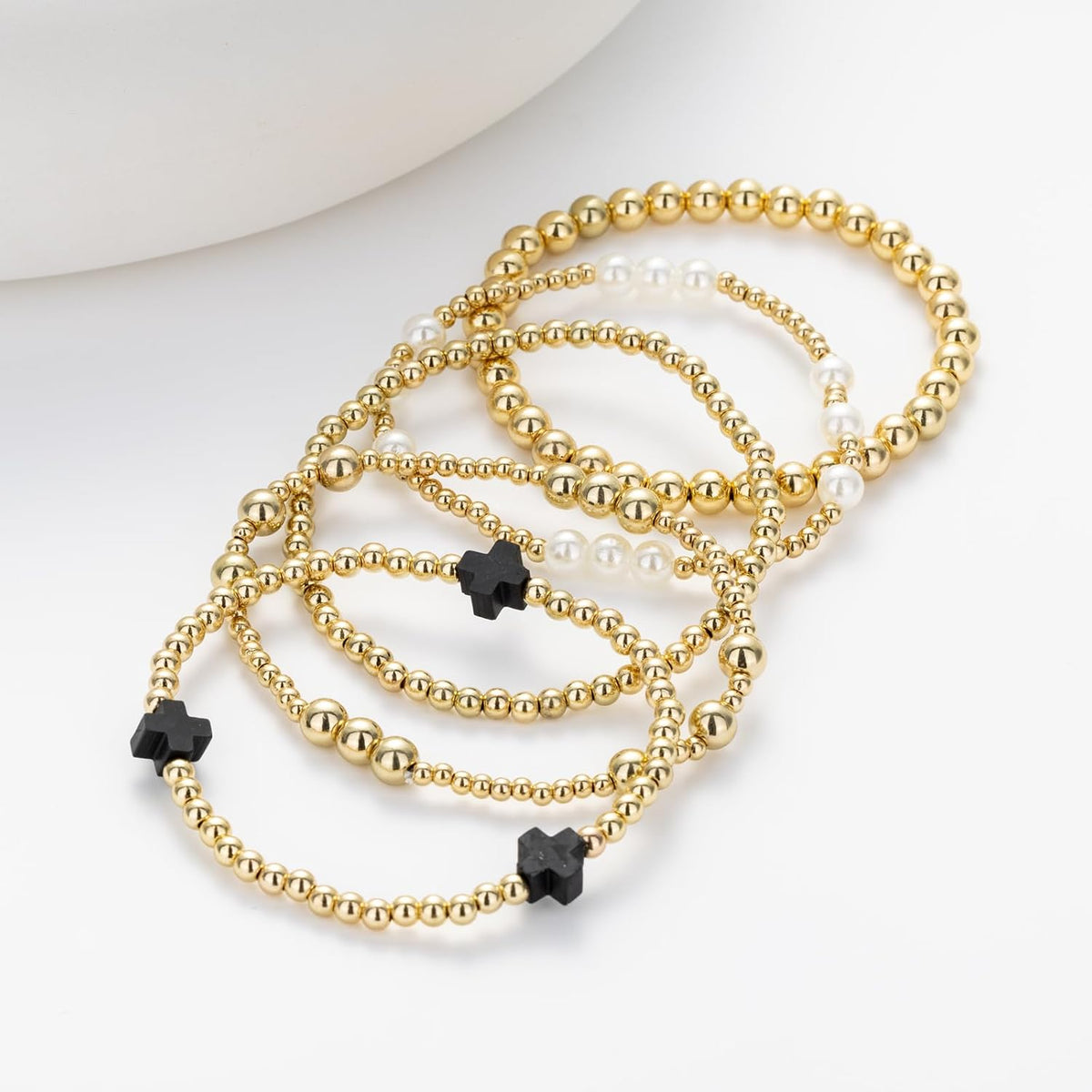 Gold Beaded Pearl Cross Bracelet Set 5-Piece Christian Stretch Jewelry Stackable Faith Gift for Women