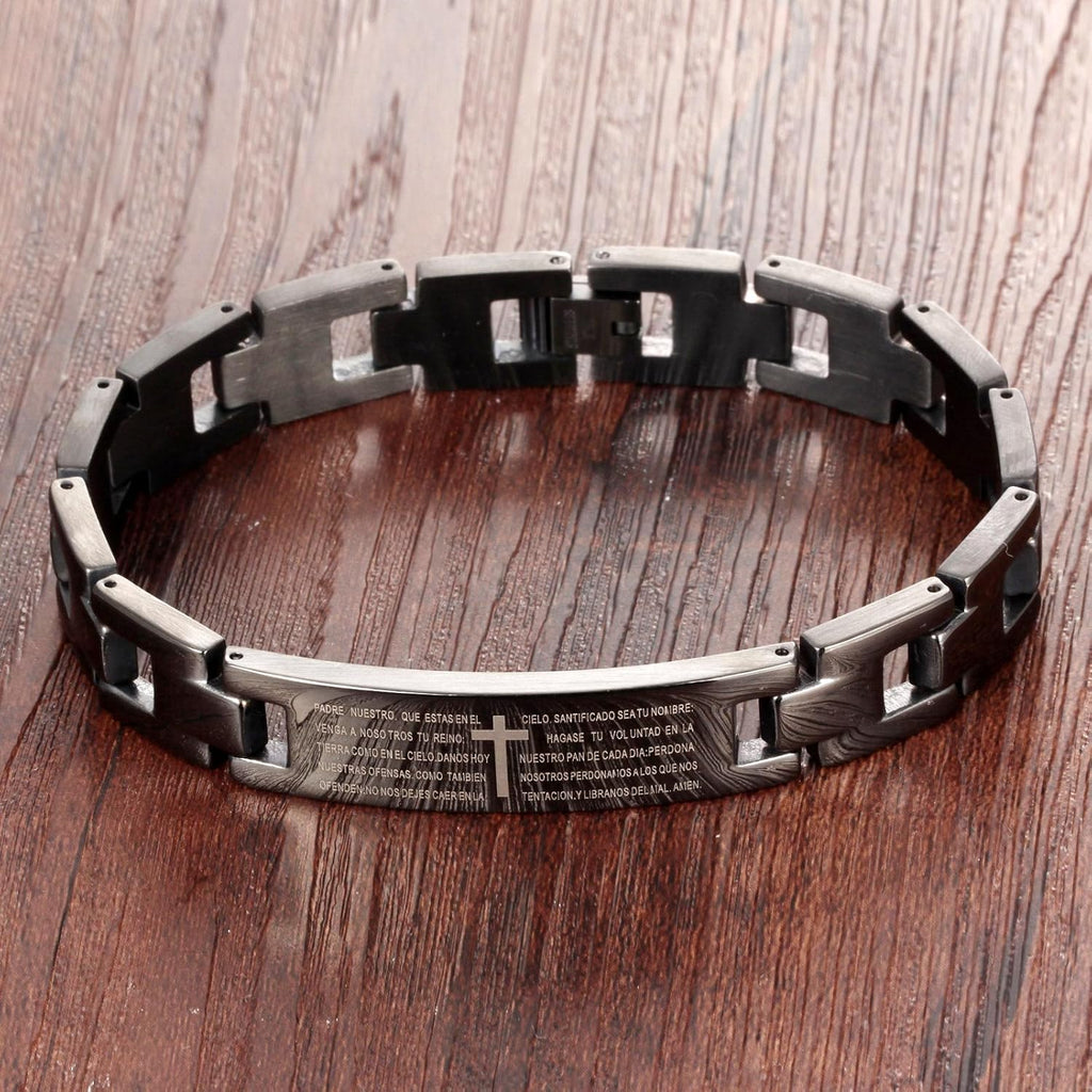 ✝ Spanish English Lord's Prayer Cross Bracelet for Men, Christian Bible Scripture Faith Jewelry