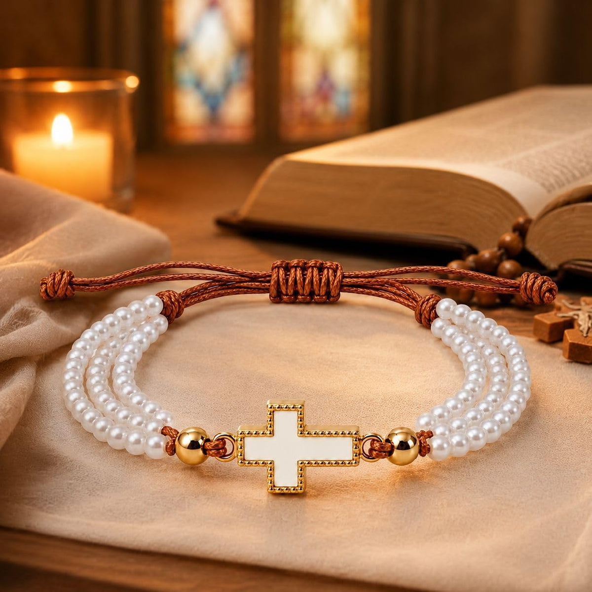 Saint Dymphna Catholic Pearl Cross Bracelet for Women Faith Religious Jewelry Gift