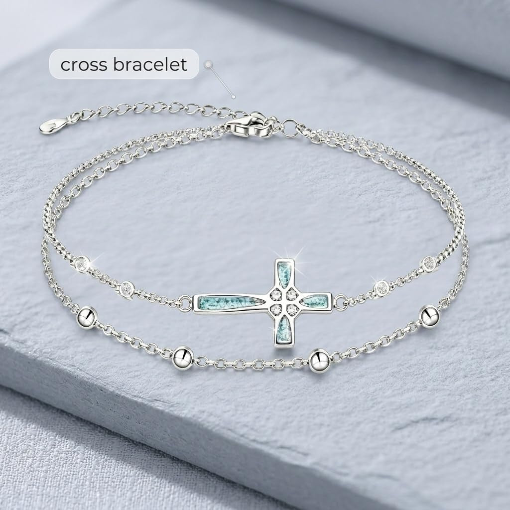 Women's 18K White Gold Plated Turquoise Cross Bracelet Christian Faith Jewelry Gift for Mom Grandma Girlfriend