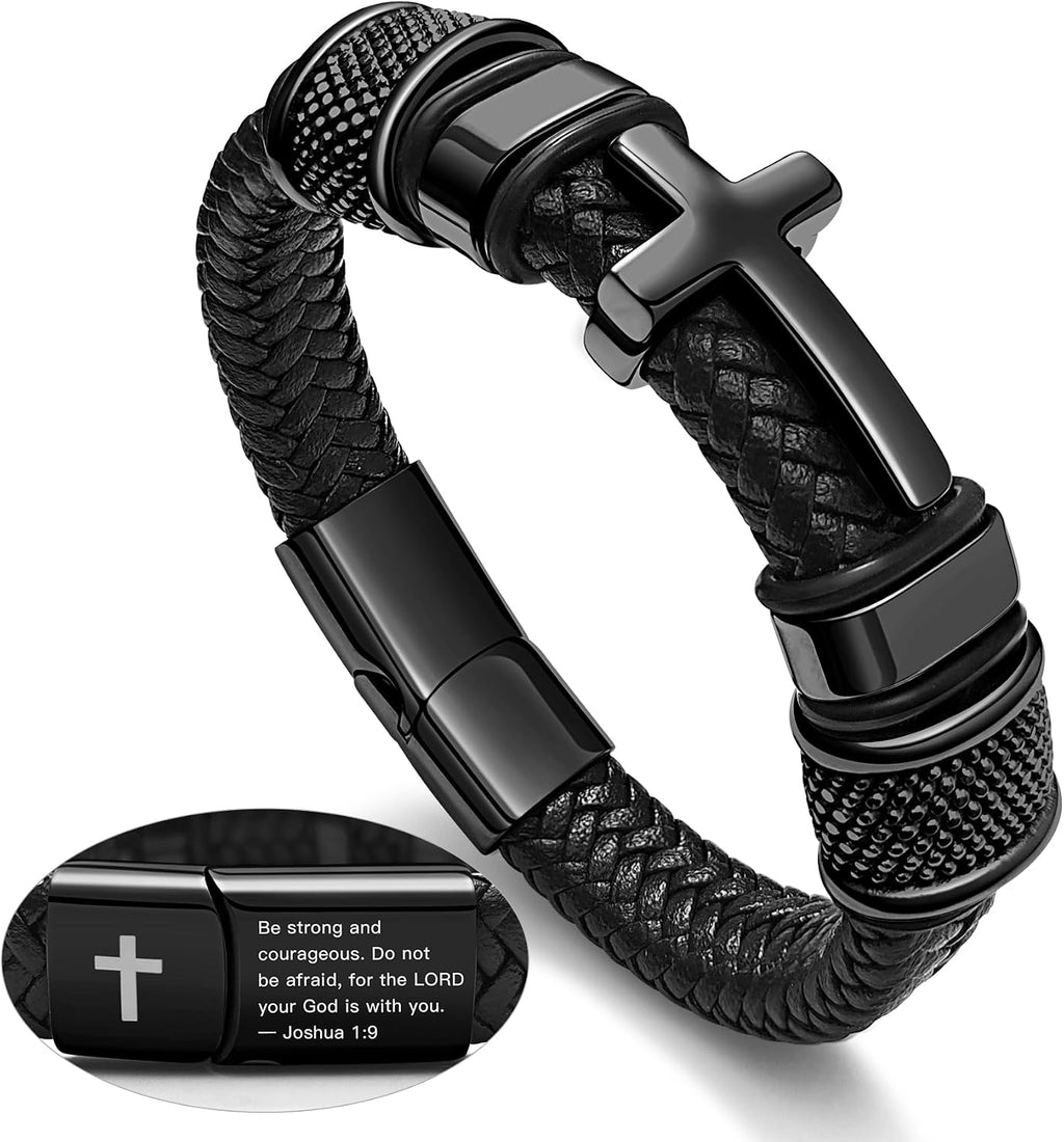 Men's Black Cross Cuff Bracelet Philippians 4:13 Stainless Steel Braided Leather Bible Verse