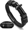 Men's Black Cross Cuff Bracelet Philippians 4:13 Stainless Steel Braided Leather Bible Verse