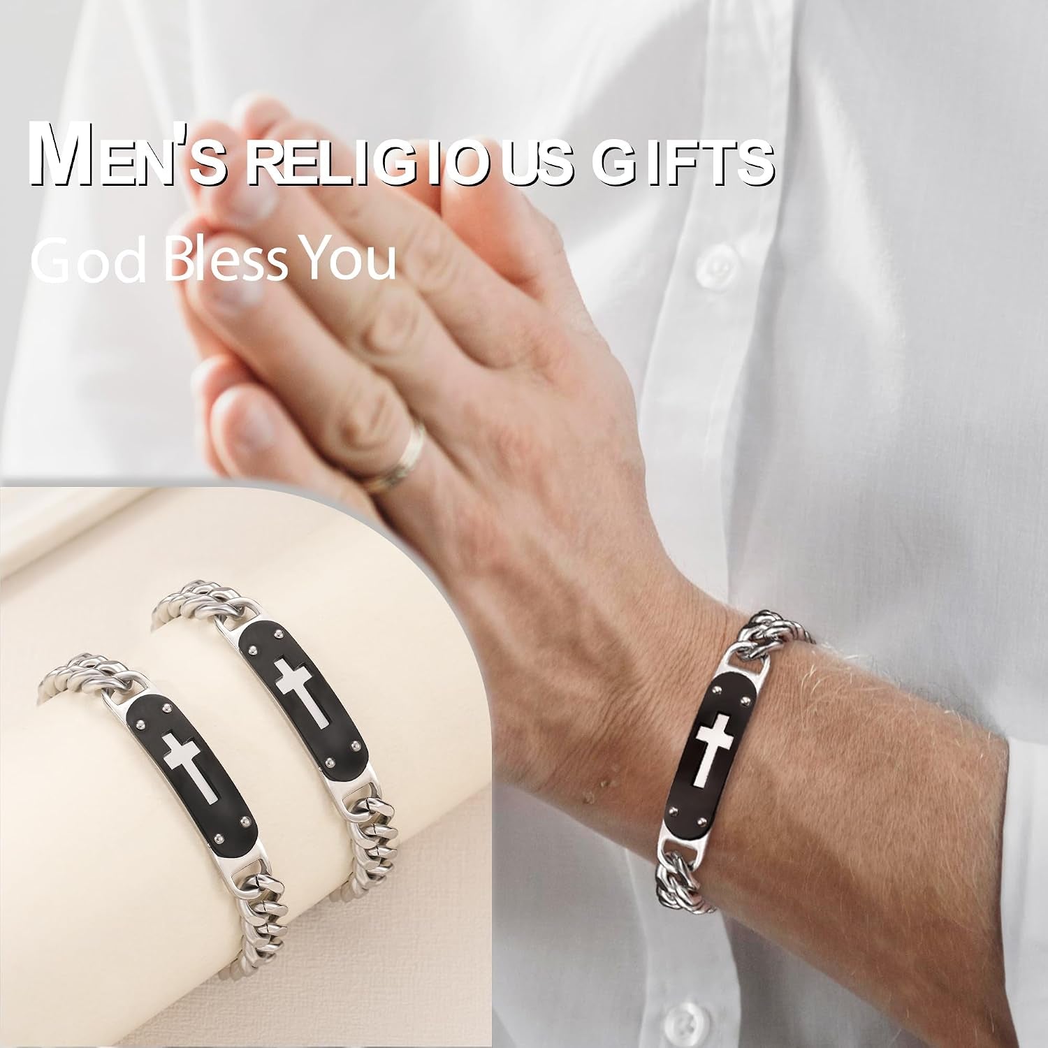 ✝ Men's Cross Cuban Link Bracelet Christian Faith Stainless Steel Baptism Communion Gift for Him