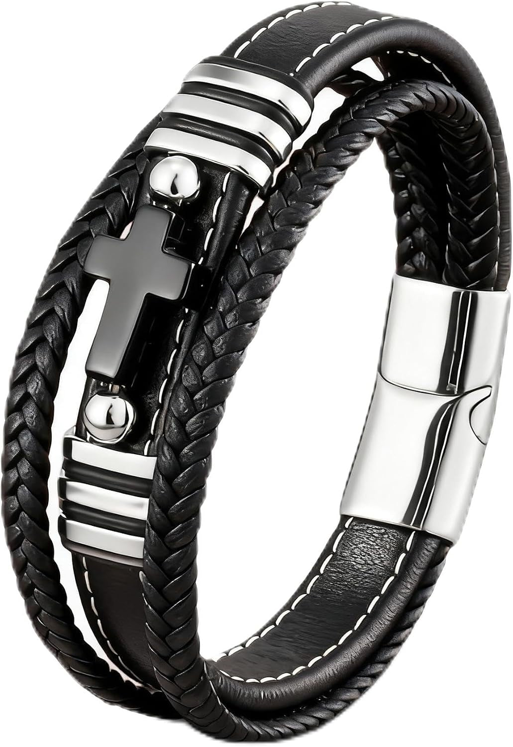 Cross Leather Bracelet for Men Multilayer Braided Memorial Wristband Bangle Stainless Steel Buckle Religious Activities Holiday Gifts