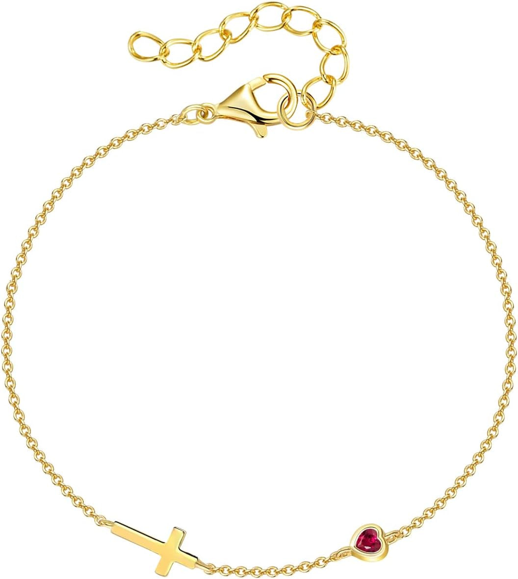 Women's 14K Gold Plated Cross Birthstone Bracelet Aquamarine Christian Jewelry Gift for Mom Wife Grandma