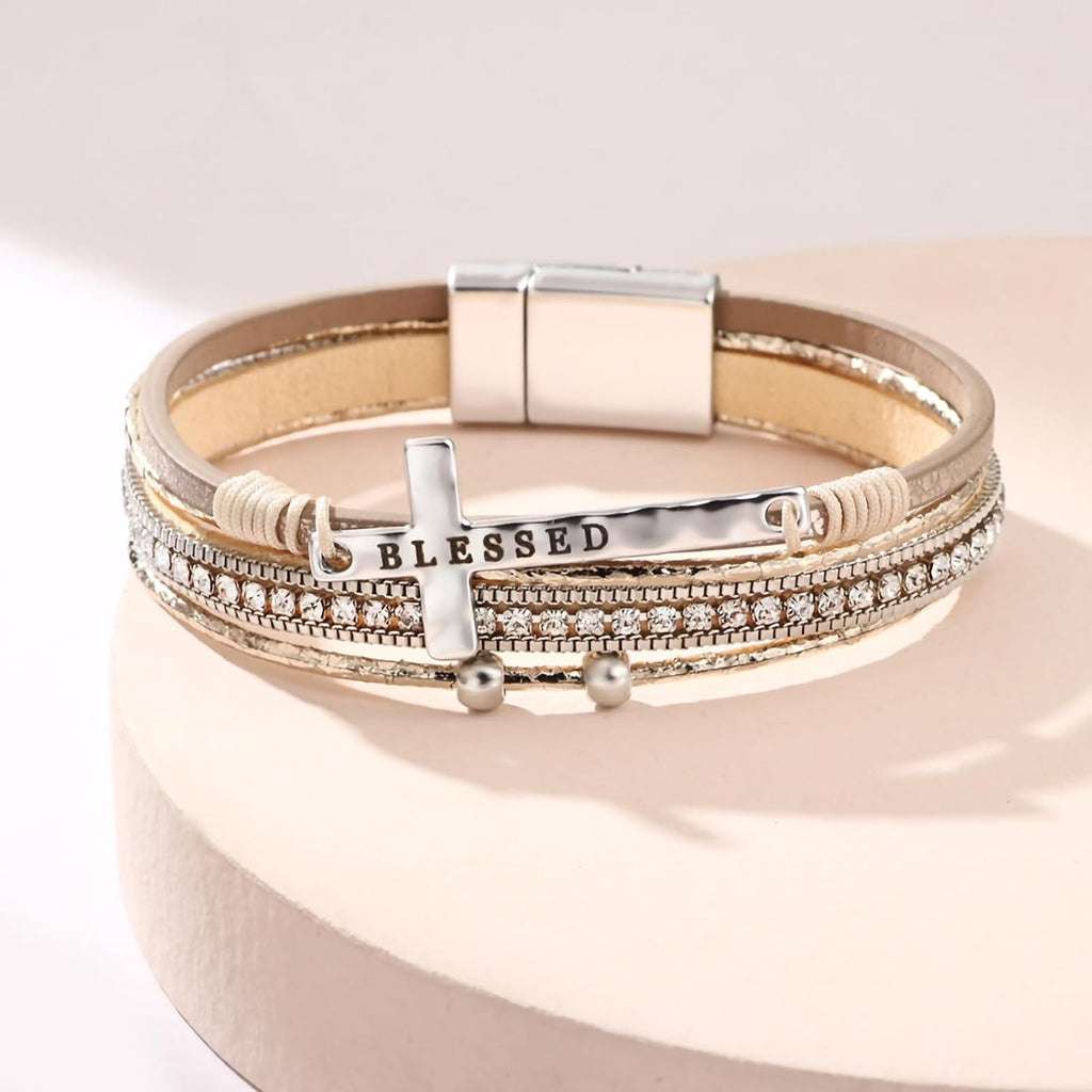 ✝ Blessed Cross Leather Wrap Bracelet for Women Boho Western Stacked Cuff Christian Faith Jewelry Gift