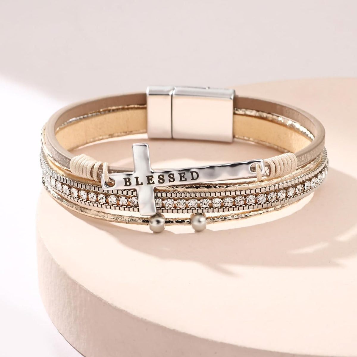 ✝ Blessed Cross Leather Wrap Bracelet for Women Boho Western Stacked Cuff Christian Faith Jewelry Gift