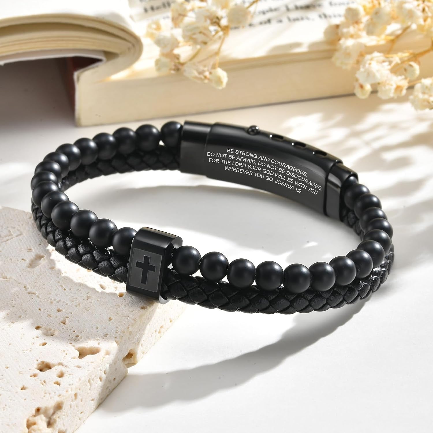 Christian Cross Black Leather Bracelet for Men, Double-Row Braided Leather Cross Bracelet Bible Verse Agate Onyx Beaded Bangle, Adjustable Wristband Faith Religious Christian Jewelry Gift for Men