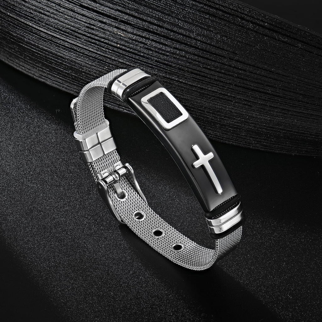 ✝ Men's Holy Cross Bracelet Stainless Steel Black Silver Adjustable Vintage Christian Religious Jewelry Gift
