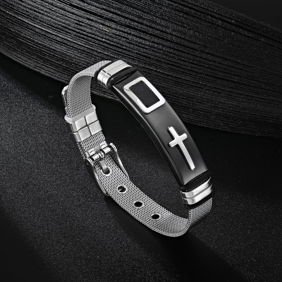 ✝ Men's Holy Cross Bracelet Stainless Steel Black Silver Adjustable Vintage Christian Religious Jewelry Gift