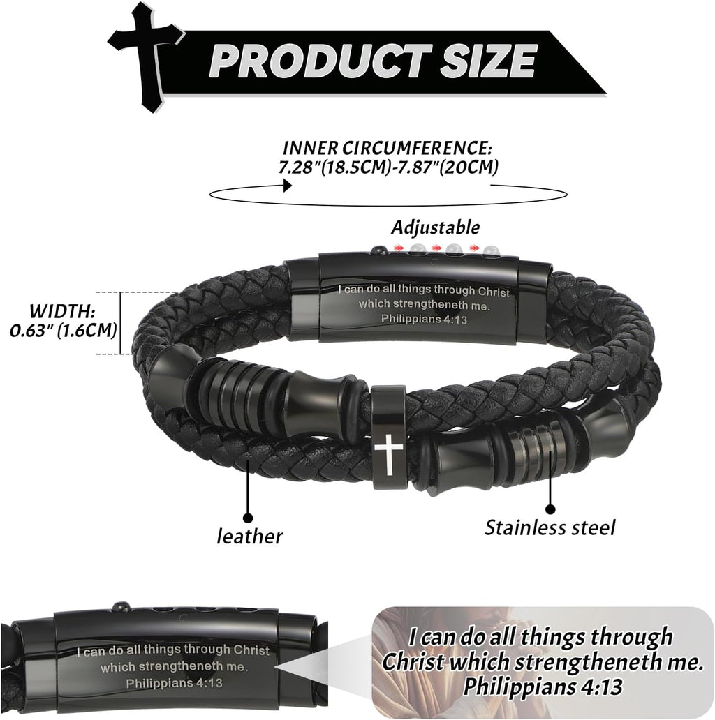 ✝ Men's Christian Cross Bracelet, Philippians 4:13 Bible Verse, Adjustable Braided Faith Jewelry Gift