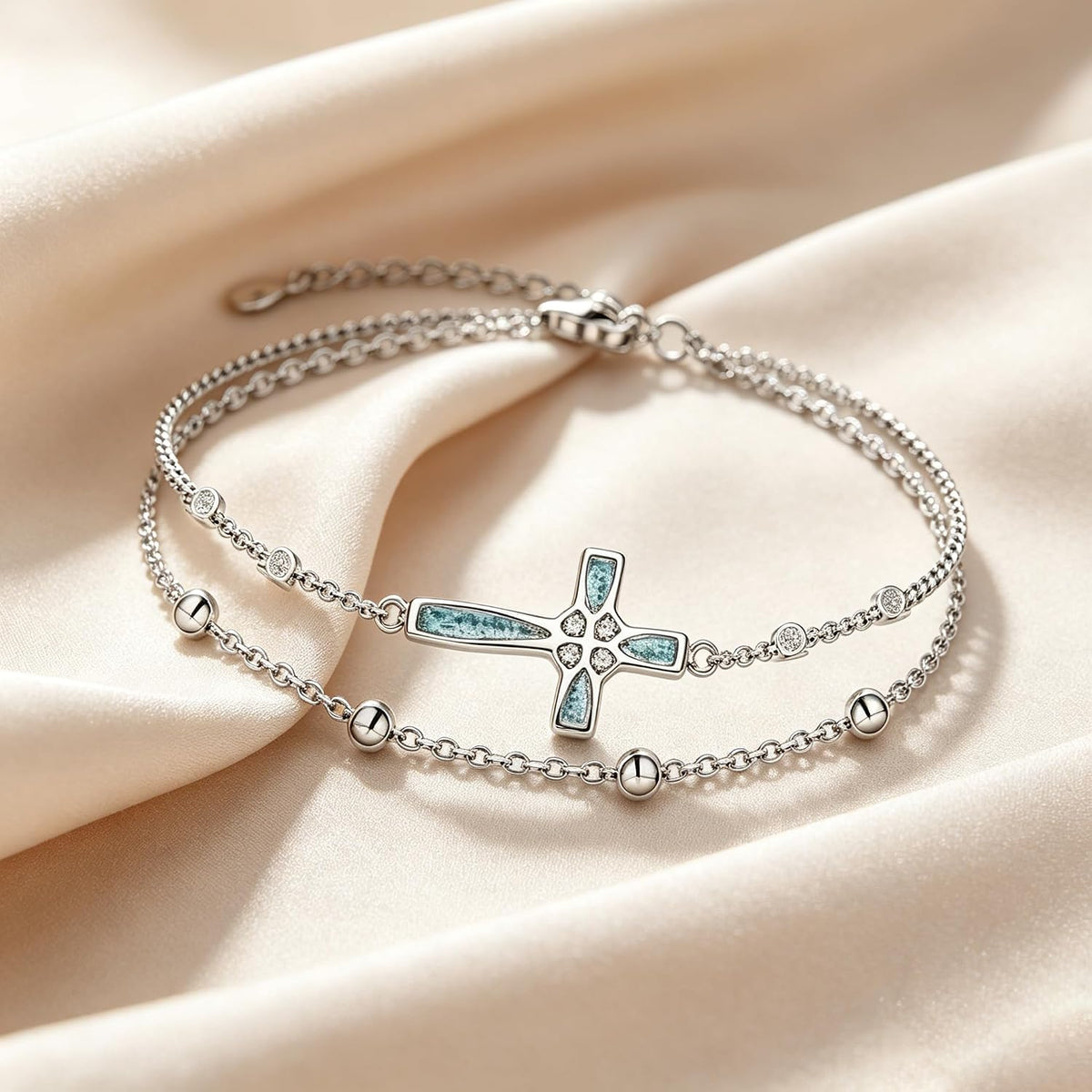 Women's 18K White Gold Plated Turquoise Cross Bracelet Christian Faith Jewelry Gift for Mom Grandma Girlfriend