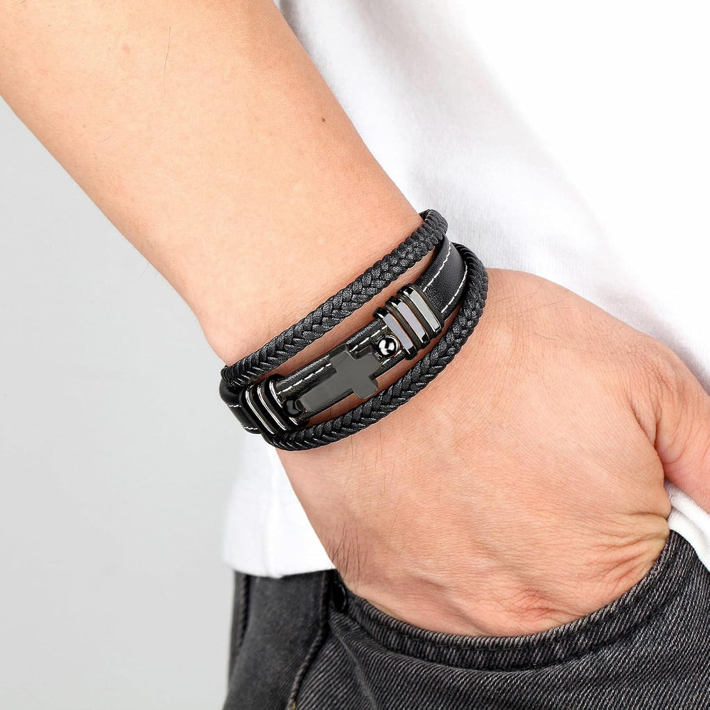 Cross Leather Bracelet for Men Multilayer Braided Memorial Wristband Bangle Stainless Steel Buckle Religious Activities Holiday Gifts