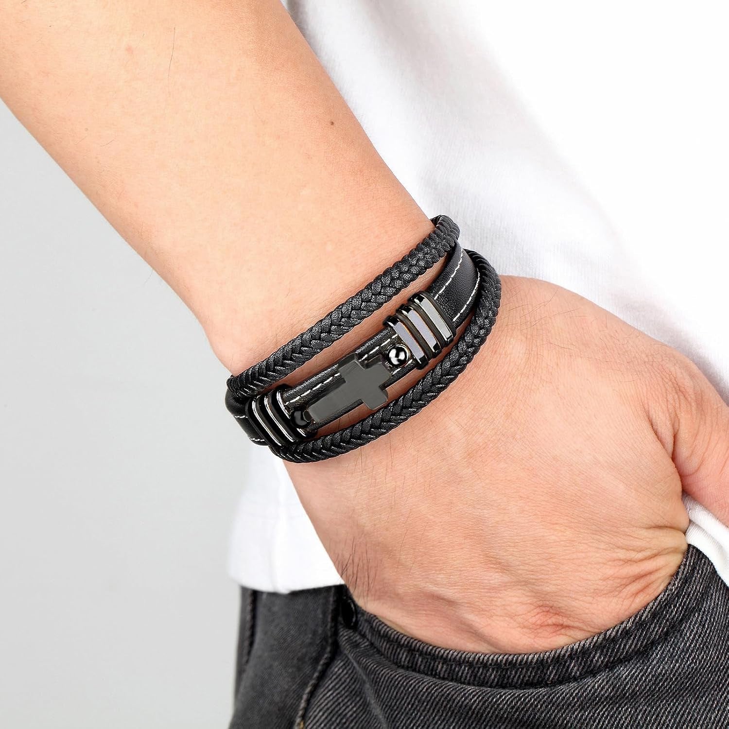 Cross Leather Bracelet for Men Multilayer Braided Memorial Wristband Bangle Stainless Steel Buckle Religious Activities Holiday Gifts