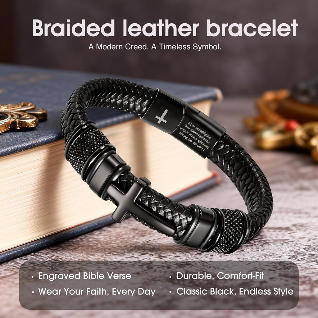 ✝ Men's Christian Cross Bracelet, Joshua 1:9 Bible Verse, Braided Leather Faith Jewelry, Religious Gift for Dad Husband Son