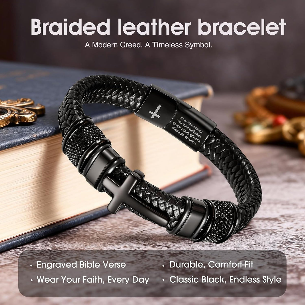 ✝ Men's Christian Cross Bracelet, Joshua 1:9 Bible Verse, Braided Leather Faith Jewelry, Religious Gift for Dad Husband Son
