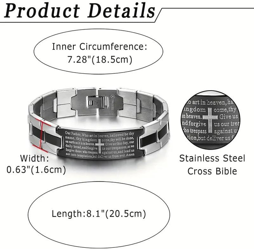✝ Men's Lord's Prayer Cross Bracelet, Stainless Steel Christian Bible Faith Jewelry Gift