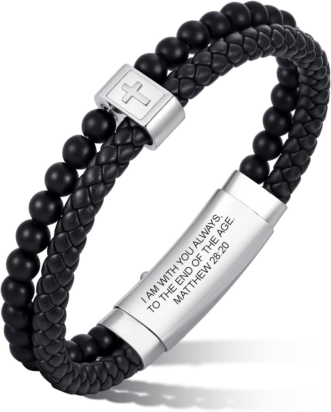 Christian Cross Black Leather Bracelet for Men, Double-Row Braided Leather Cross Bracelet Bible Verse Agate Onyx Beaded Bangle, Adjustable Wristband Faith Religious Christian Jewelry Gift for Men