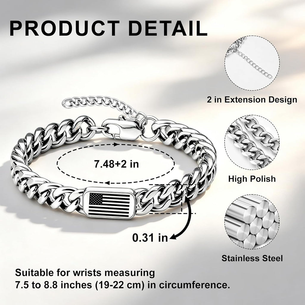 ✝ American Flag Christian Bracelet for Men – Philippians 4:13 Cuban Link Bible Verse Bracelet, Patriotic Faith Gift