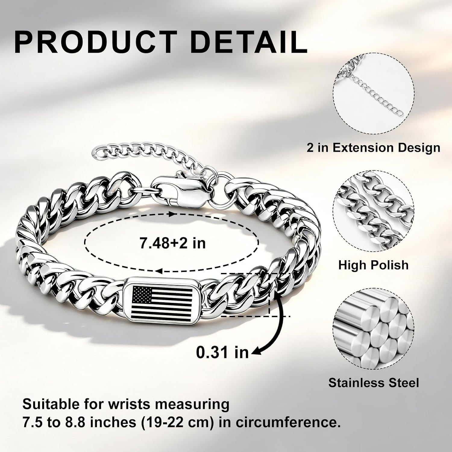✝ American Flag Christian Bracelet for Men – Philippians 4:13 Cuban Link Bible Verse Bracelet, Patriotic Faith Gift