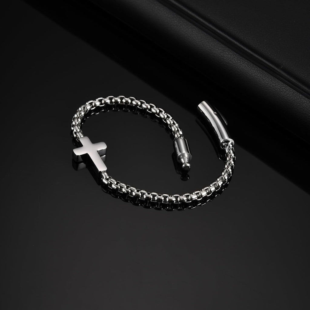 ✝ Men's Christian Cross Bracelet, Stainless Steel Rolo Chain Faith Jewelry Religious Gift