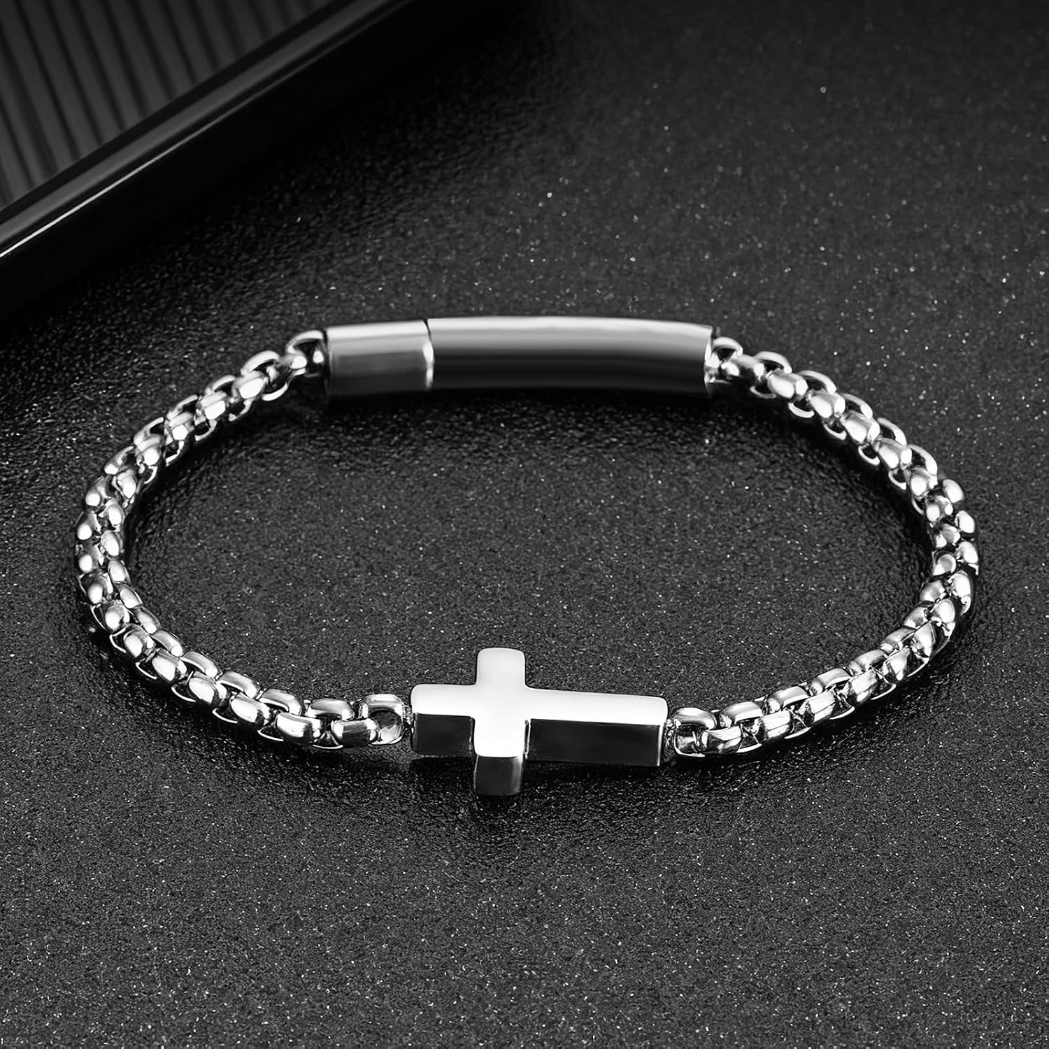✝ Men's Christian Cross Bracelet, Stainless Steel Rolo Chain Faith Jewelry Religious Gift