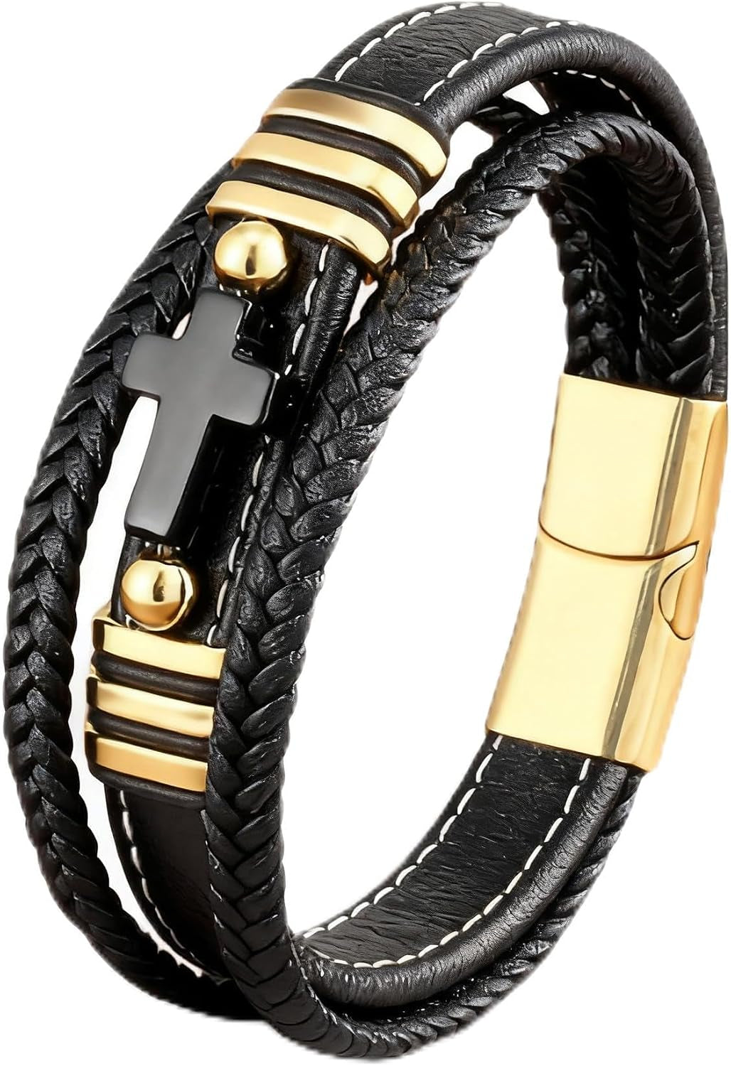 Cross Leather Bracelet for Men Multilayer Braided Memorial Wristband Bangle Stainless Steel Buckle Religious Activities Holiday Gifts