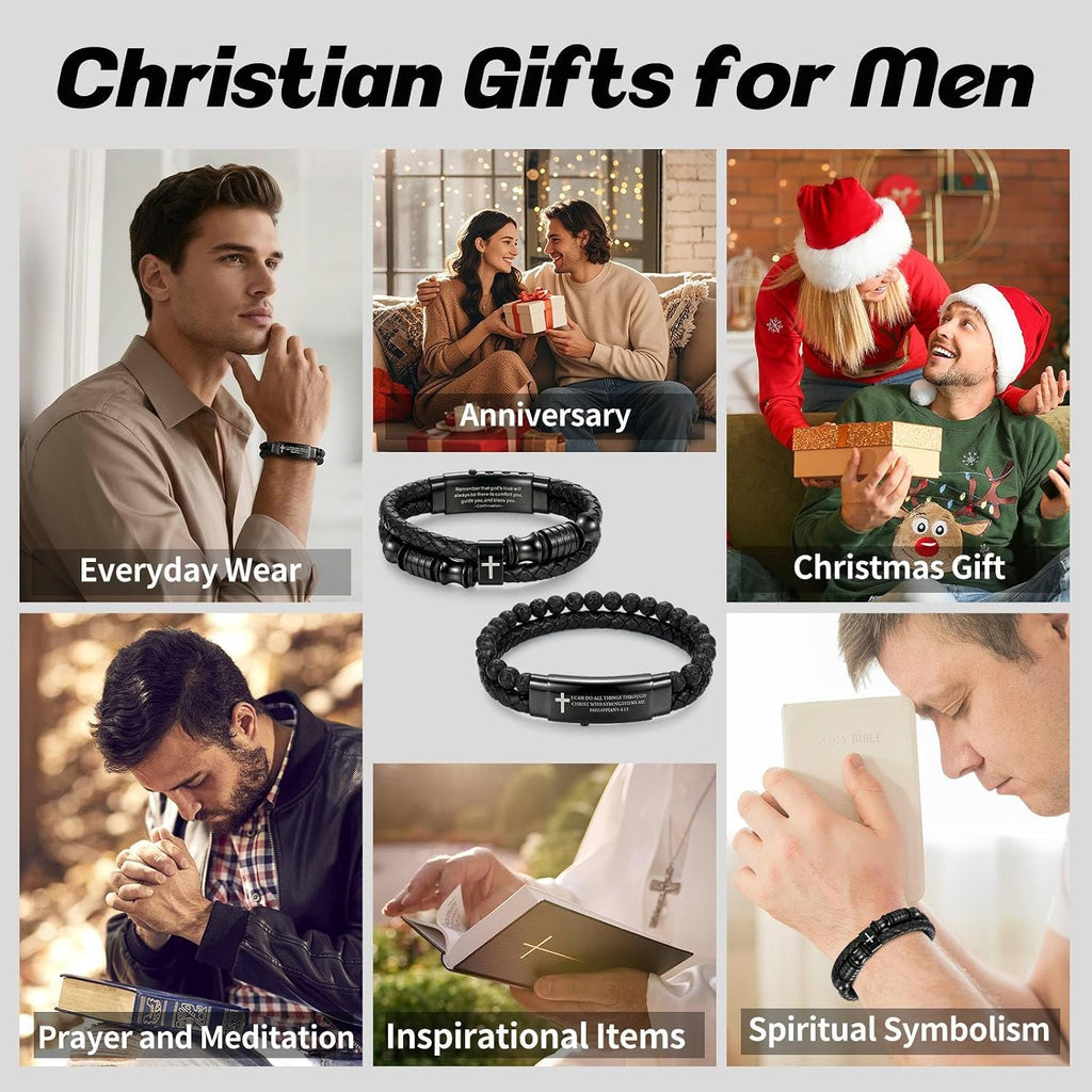 ✝ 2 Pack Men's Christian Cross Bracelets Braided Leather Bible Verse Faith Gifts for Him