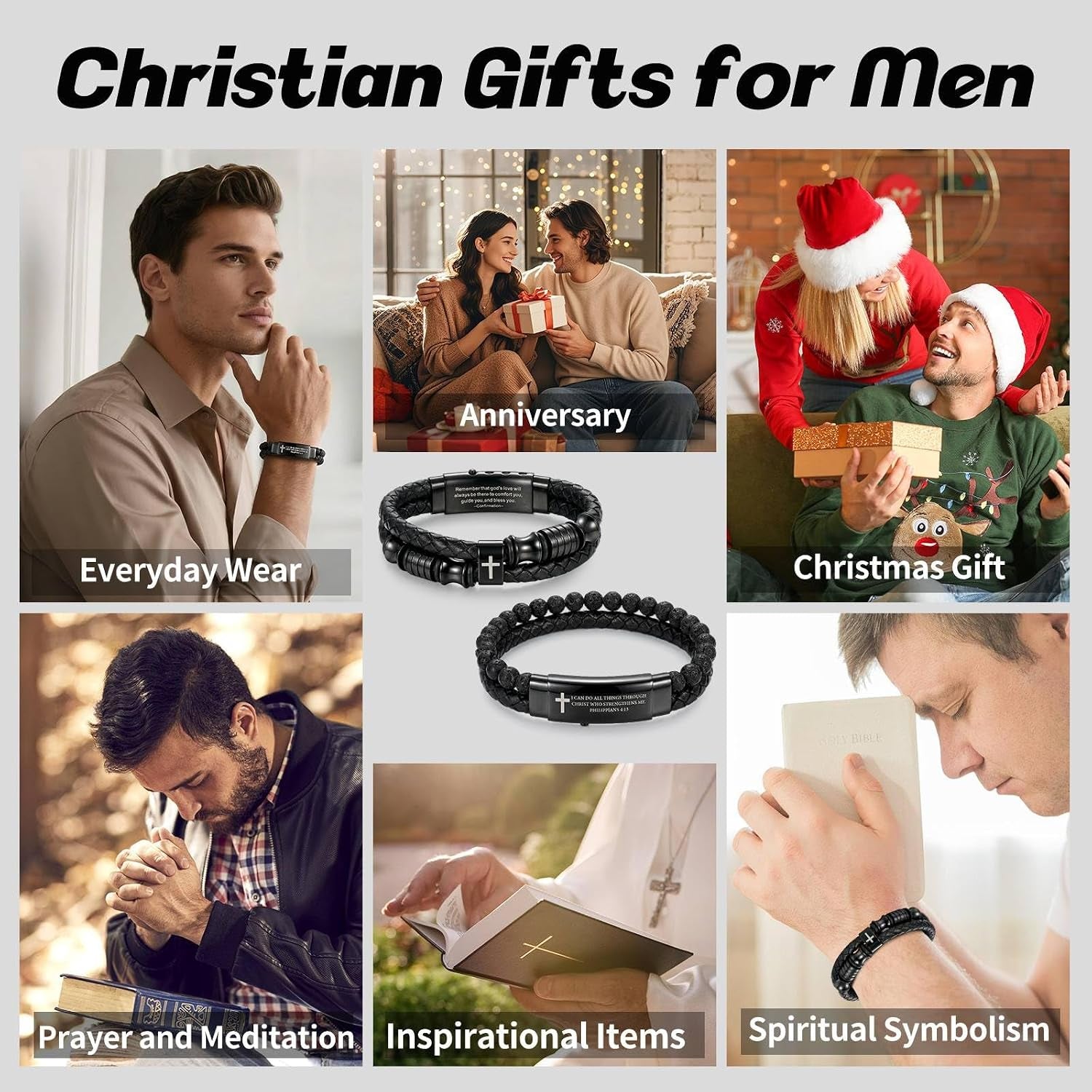 ✝ 2 Pack Men's Christian Cross Bracelets Braided Leather Bible Verse Faith Gifts for Him