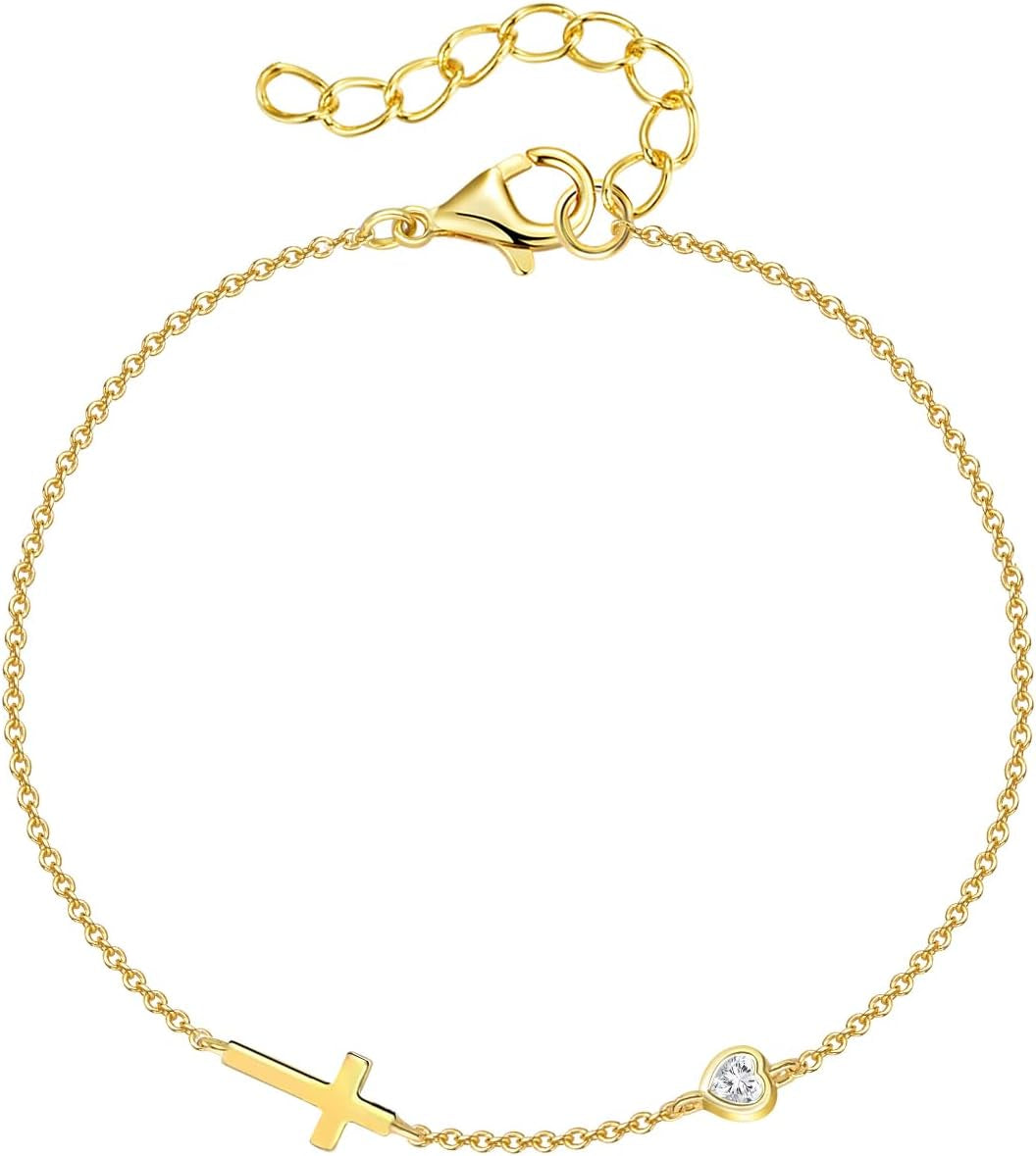 Women's 14K Gold Plated Cross Birthstone Bracelet Aquamarine Christian Jewelry Gift for Mom Wife Grandma