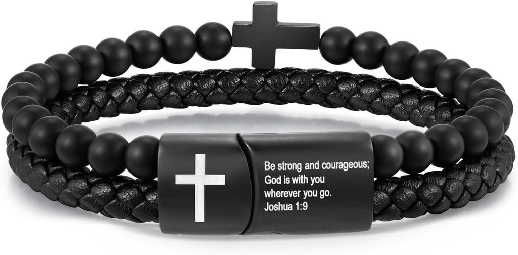 Men'S Cross Bracelet for Men - Bible Verse Bead Rosary Braided Black Genuine Leather Bracelets, Bangle Engraved Love You Forever, Christian Catholic Religious Jewelry Christmas Gifts Ideas for Man