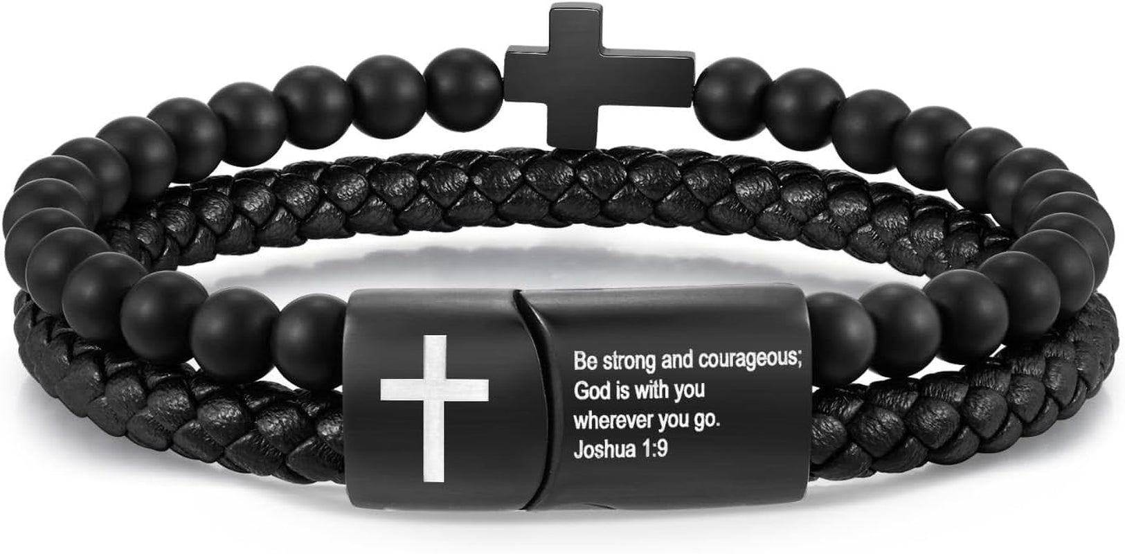 Men'S Cross Bracelet for Men - Bible Verse Bead Rosary Braided Black Genuine Leather Bracelets, Bangle Engraved Love You Forever, Christian Catholic Religious Jewelry Christmas Gifts Ideas for Man