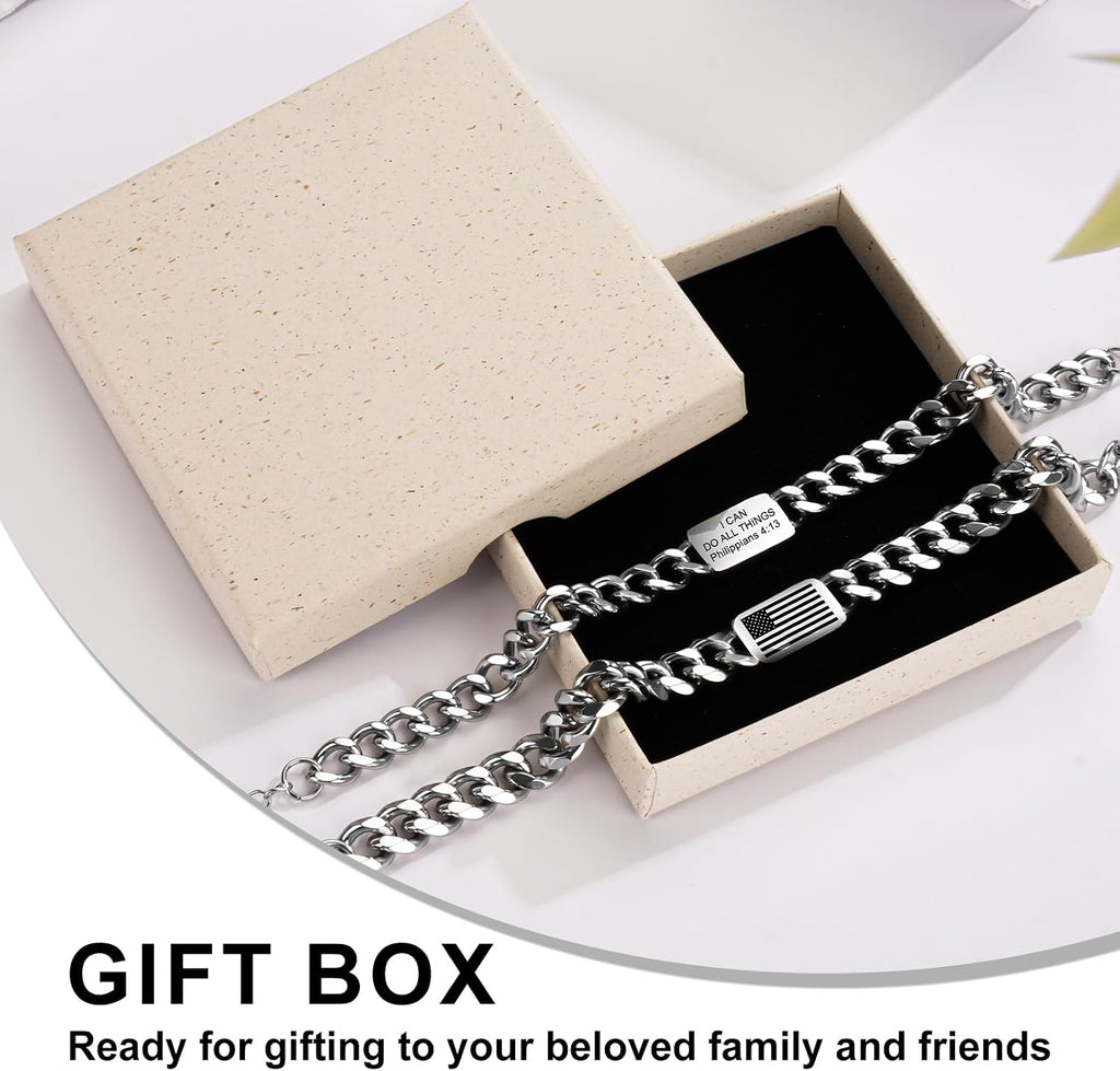 ✝ American Flag Christian Bracelet for Men – Philippians 4:13 Cuban Link Bible Verse Bracelet, Patriotic Faith Gift