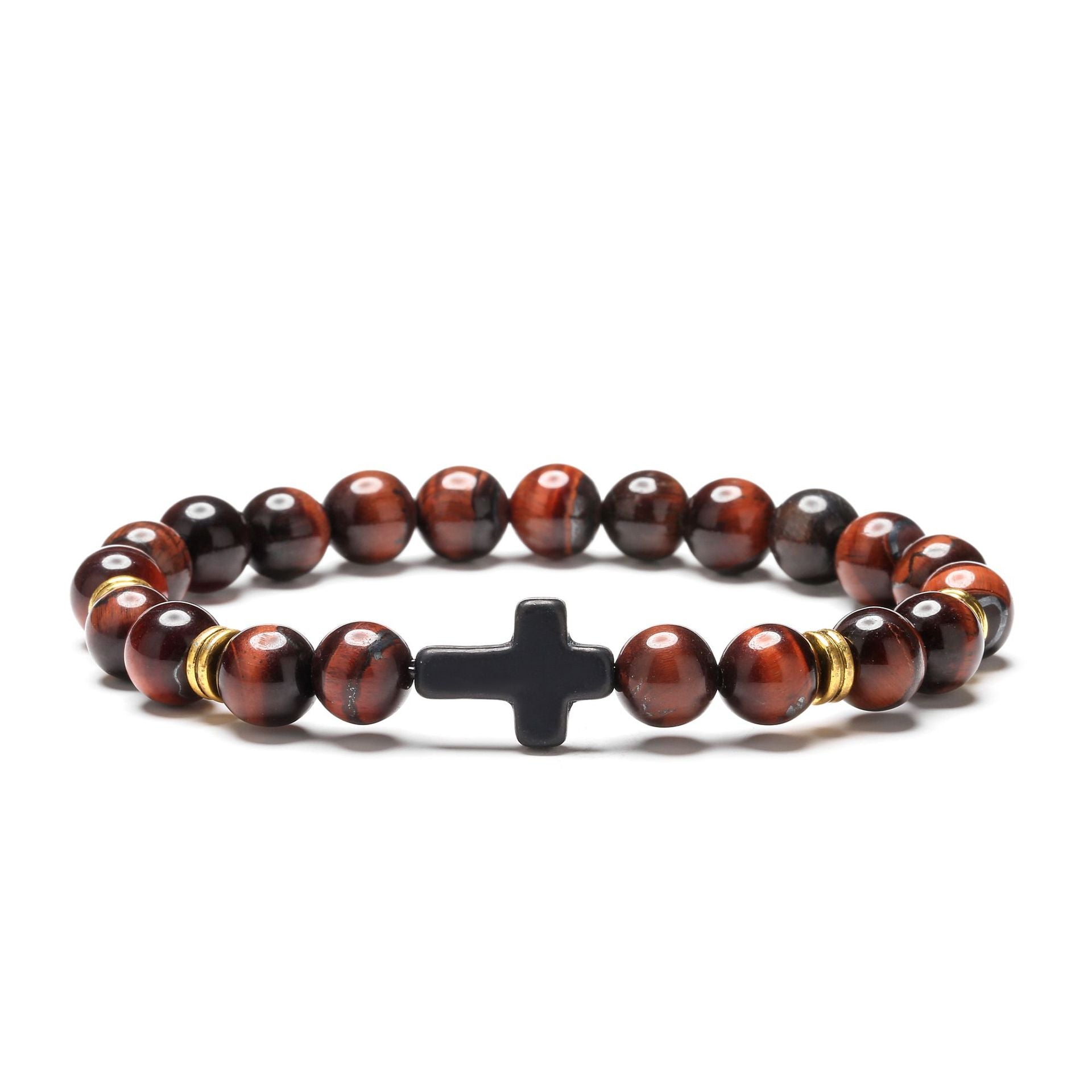 Bracelet with brown beaded design and black cross on a white background