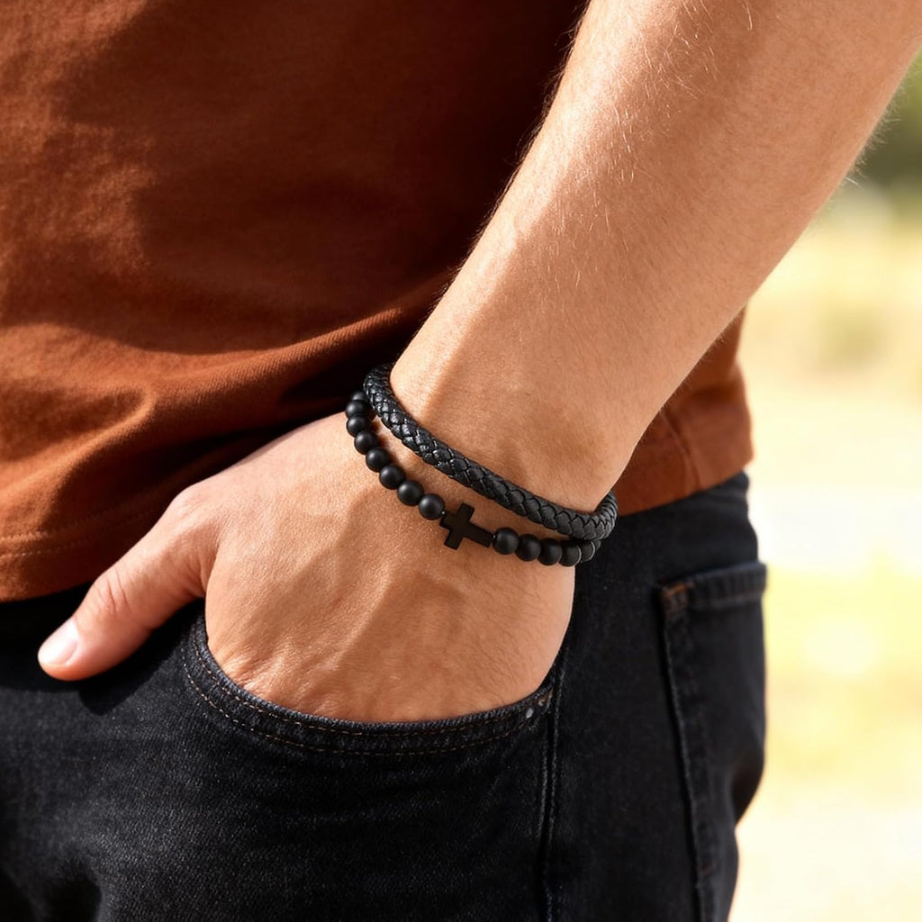 Men'S Cross Bracelet for Men - Bible Verse Bead Rosary Braided Black Genuine Leather Bracelets, Bangle Engraved Love You Forever, Christian Catholic Religious Jewelry Christmas Gifts Ideas for Man