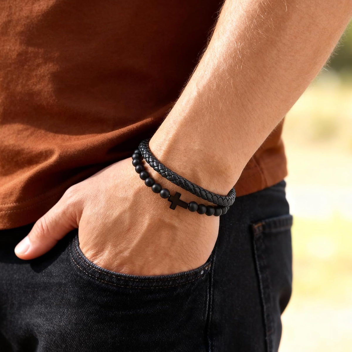 Men'S Cross Bracelet for Men - Bible Verse Bead Rosary Braided Black Genuine Leather Bracelets, Bangle Engraved Love You Forever, Christian Catholic Religious Jewelry Christmas Gifts Ideas for Man
