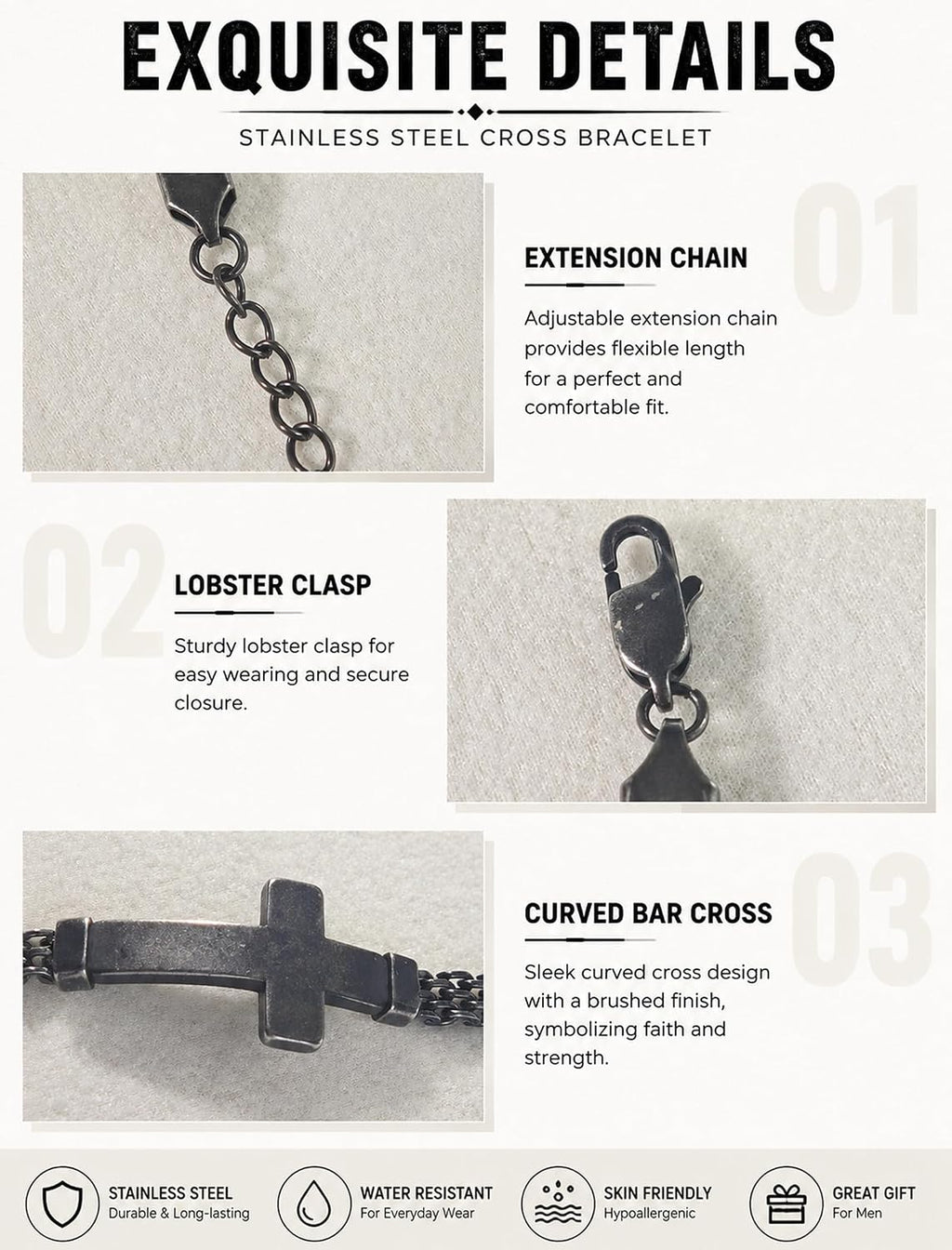 ✝ Men's Stainless Steel Cross Link Chain Bracelet 6mm Christian Faith Religious Jewelry Gift for Dad Husband Son