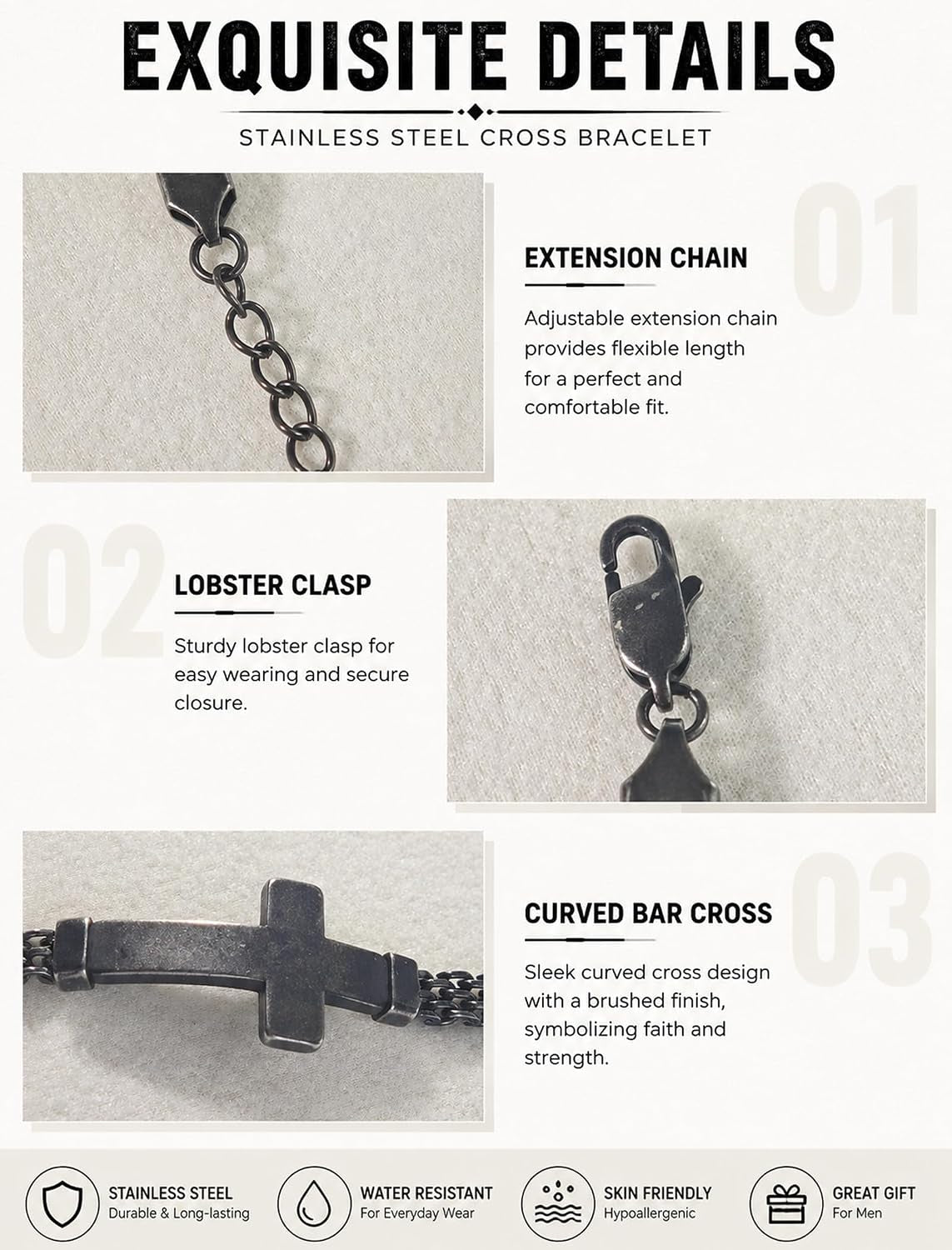 ✝ Men's Stainless Steel Cross Link Chain Bracelet 6mm Christian Faith Religious Jewelry Gift for Dad Husband Son