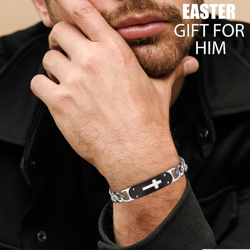 ✝ Men's Cross Cuban Link Bracelet Christian Faith Stainless Steel Baptism Communion Gift for Him